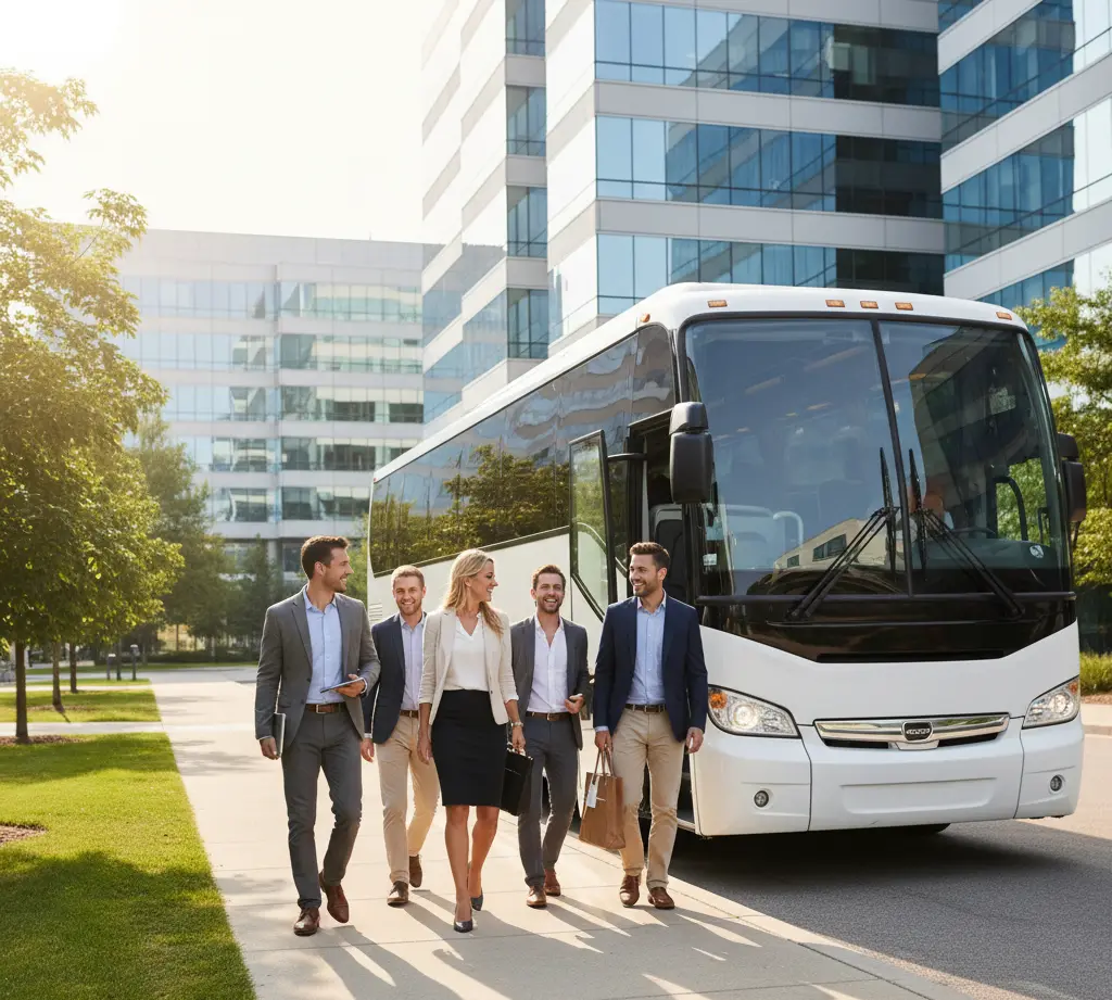 Corporate group boarding a modern coach